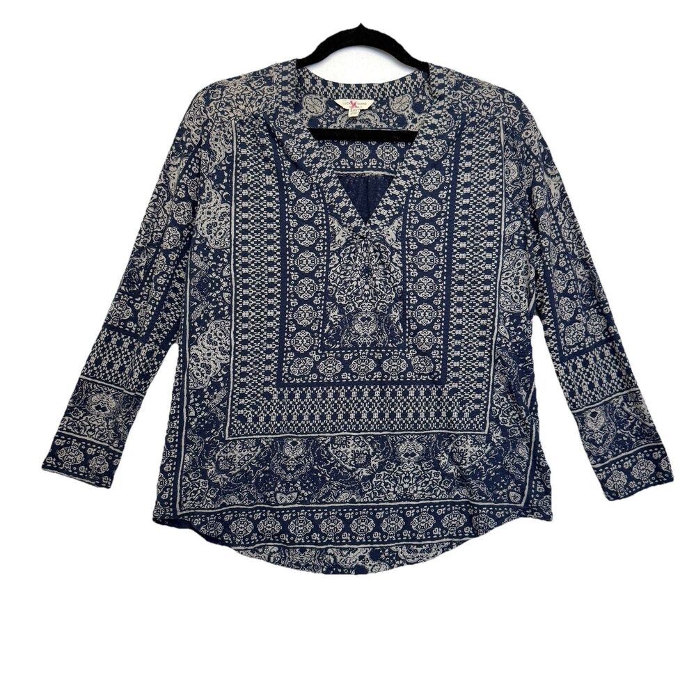 Lucky Brand Size M Navy Boho Print High Low Tunic Top Cotton Viscose Linen Blend